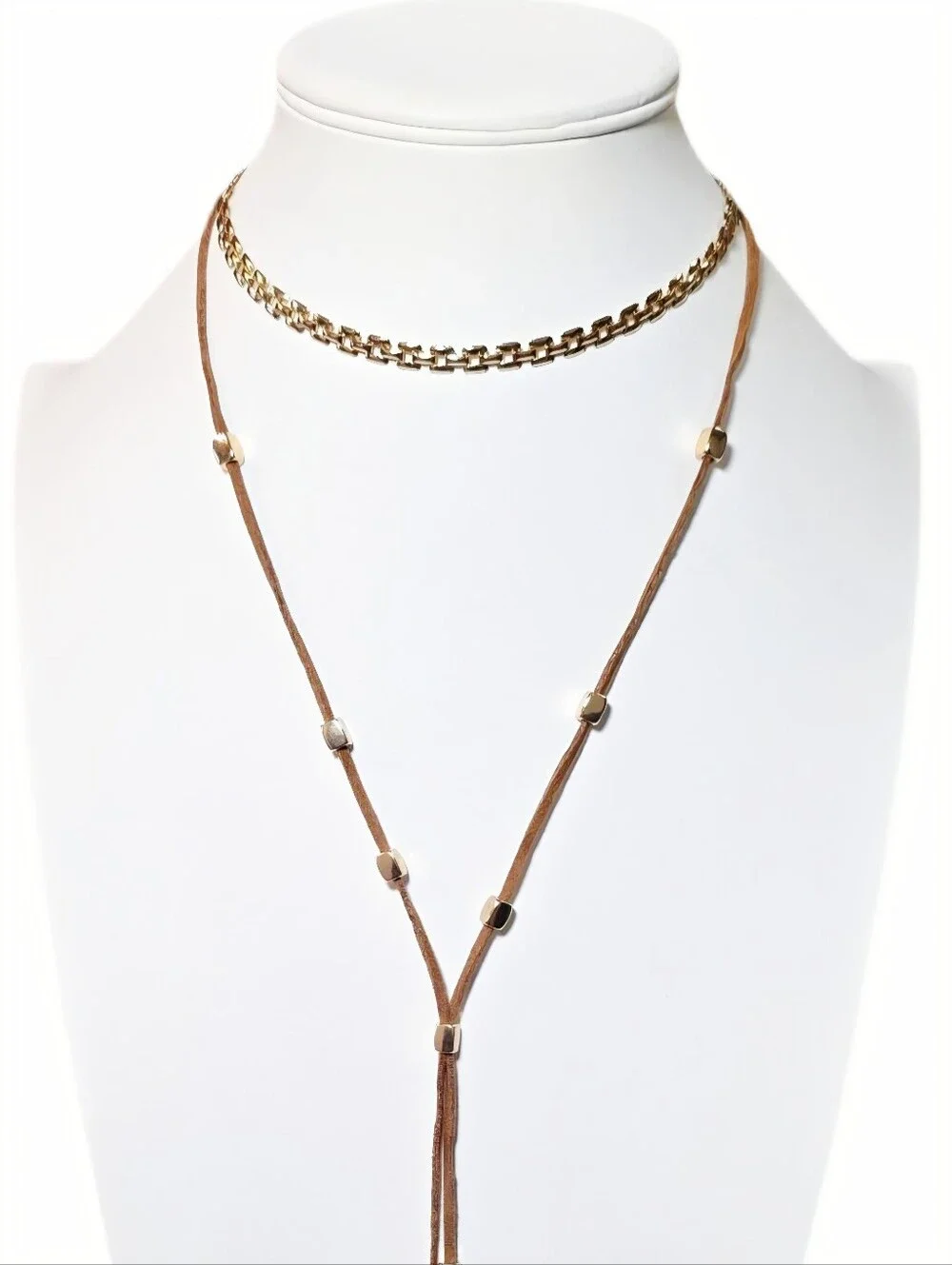 Layered Brown Suede and Gold Tassel Choker Lariat Necklace